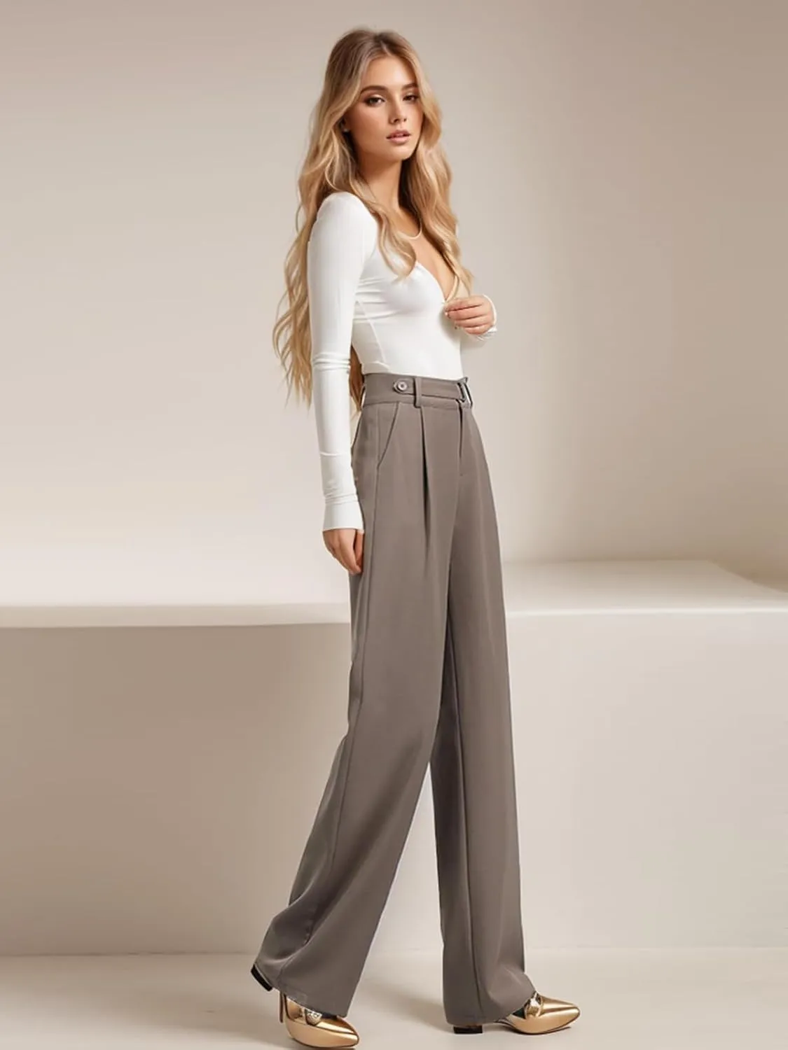 Betusline Women's Wide Leg Long Dress Pants High Waisted Business Casual Straight Office Trousers.X-Small-XX-Large