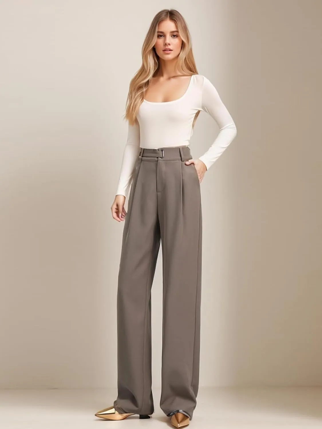 Betusline Women's Wide Leg Long Dress Pants High Waisted Business Casual Straight Office Trousers.X-Small-XX-Large