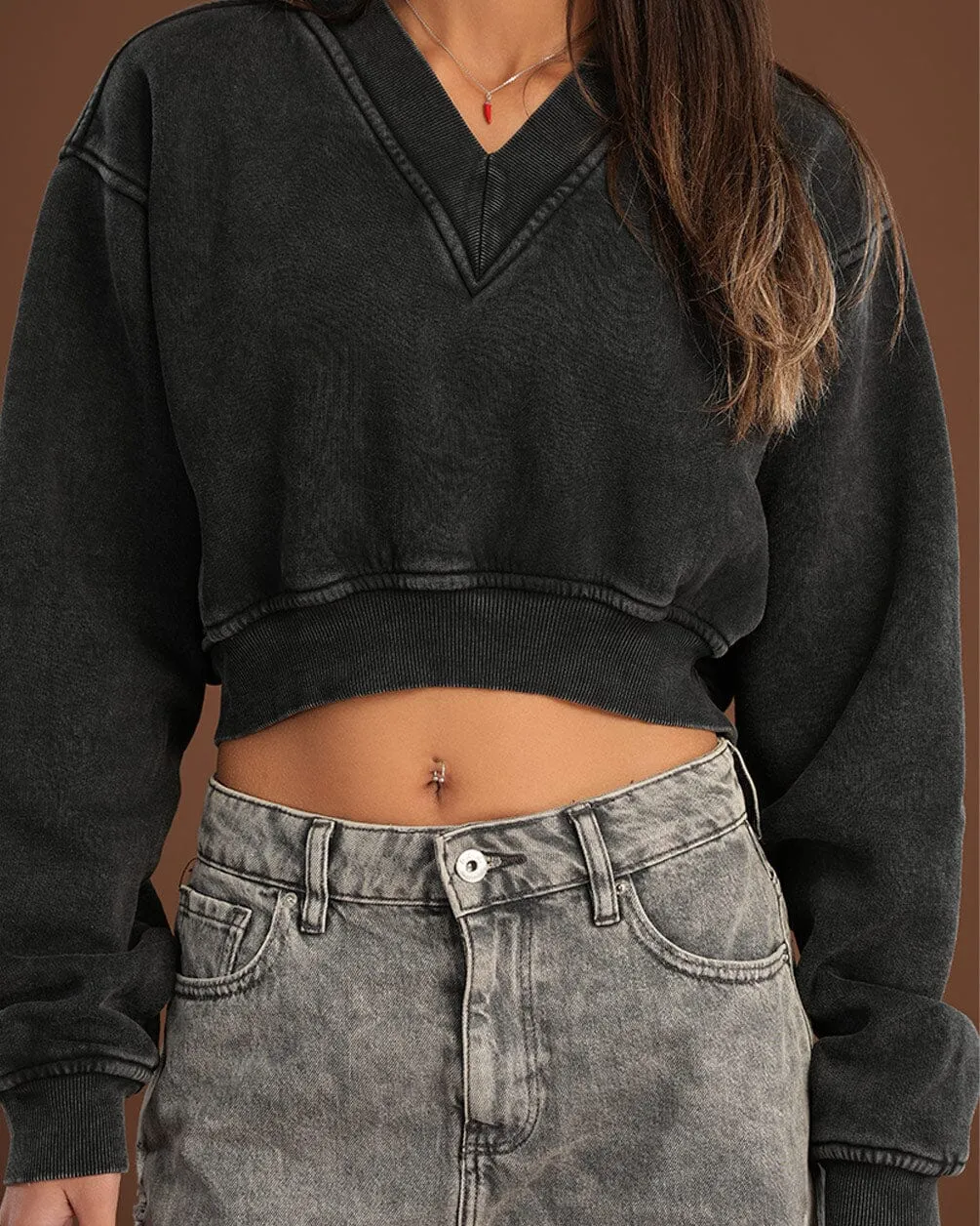 Black Cropped V-Neck Sweatshirt