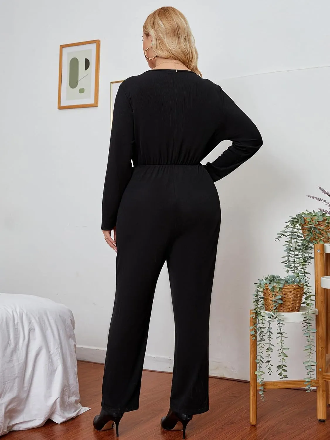 Black Jumpsuit for Women Business Casual Outfits, V Neck Long Sleeve High-Waist Wide-leg Pants Plus Size
