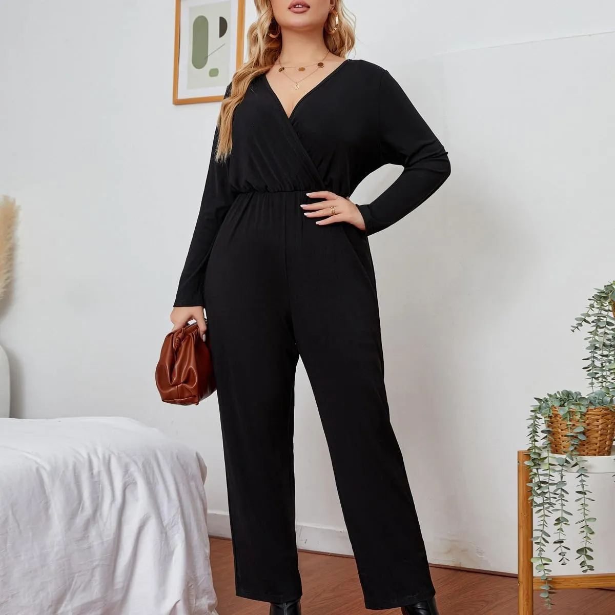 Black Jumpsuit for Women Business Casual Outfits, V Neck Long Sleeve High-Waist Wide-leg Pants Plus Size