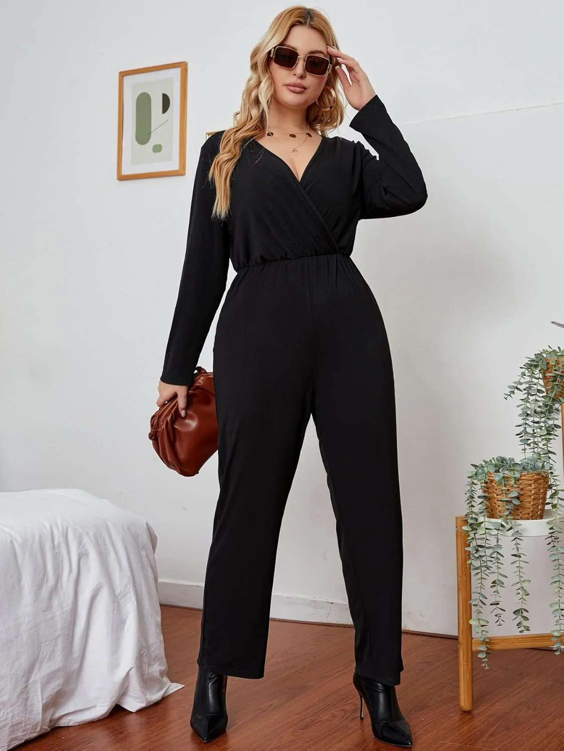 Black Jumpsuit for Women Business Casual Outfits, V Neck Long Sleeve High-Waist Wide-leg Pants Plus Size