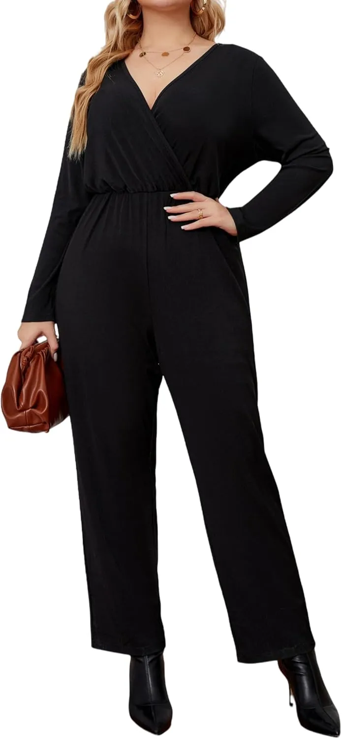 Black Jumpsuit for Women Business Casual Outfits, V Neck Long Sleeve High-Waist Wide-leg Pants Plus Size