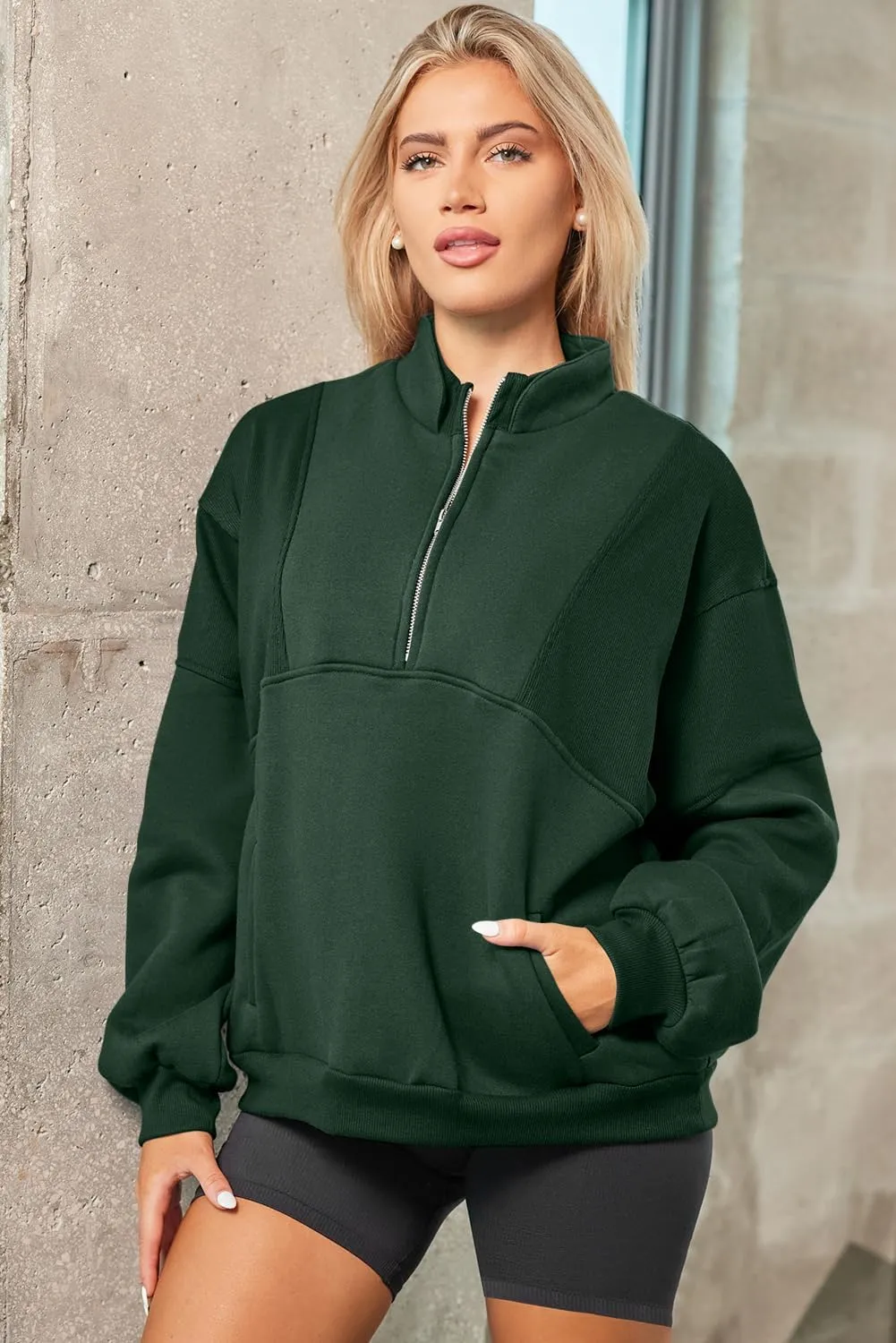 BLENCOT Women Half Zip Oversized Sweatshirts Long Sleeve Fleece Trendy Cropped Pullover Workout Warm Tops With Pockets S-2XL