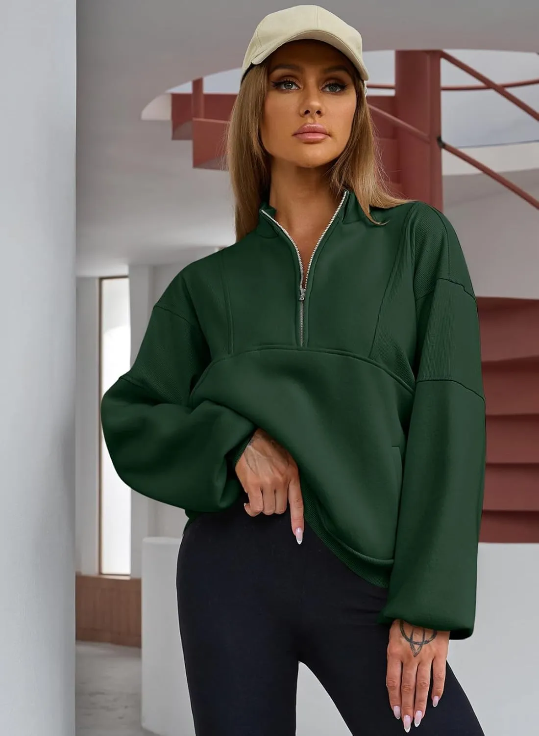 BLENCOT Women Half Zip Oversized Sweatshirts Long Sleeve Fleece Trendy Cropped Pullover Workout Warm Tops With Pockets S-2XL
