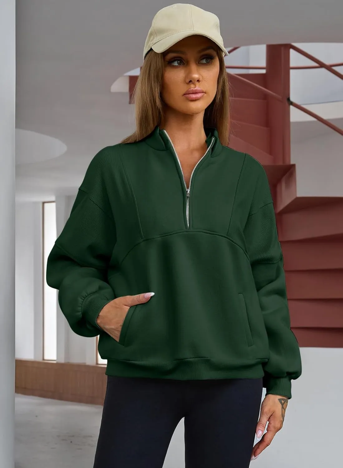 BLENCOT Women Half Zip Oversized Sweatshirts Long Sleeve Fleece Trendy Cropped Pullover Workout Warm Tops With Pockets S-2XL