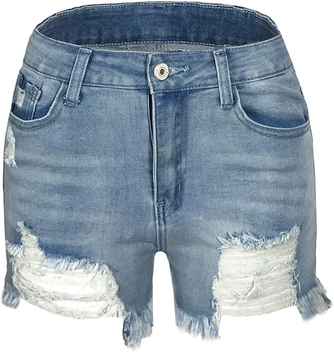 Blostirno Women's Casual Mid Rise Waisted Denim Shorts Raw Hem Ripped Stretchy Jean Short Pants with Pockets