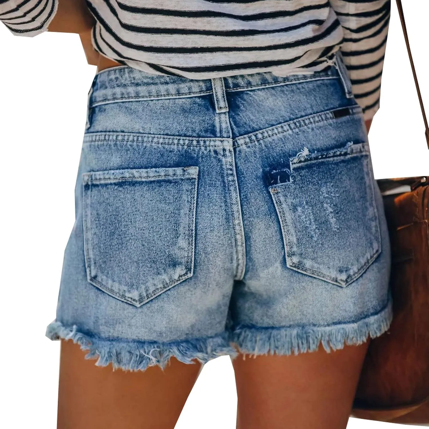 Blostirno Women's Casual Mid Rise Waisted Denim Shorts Raw Hem Ripped Stretchy Jean Short Pants with Pockets
