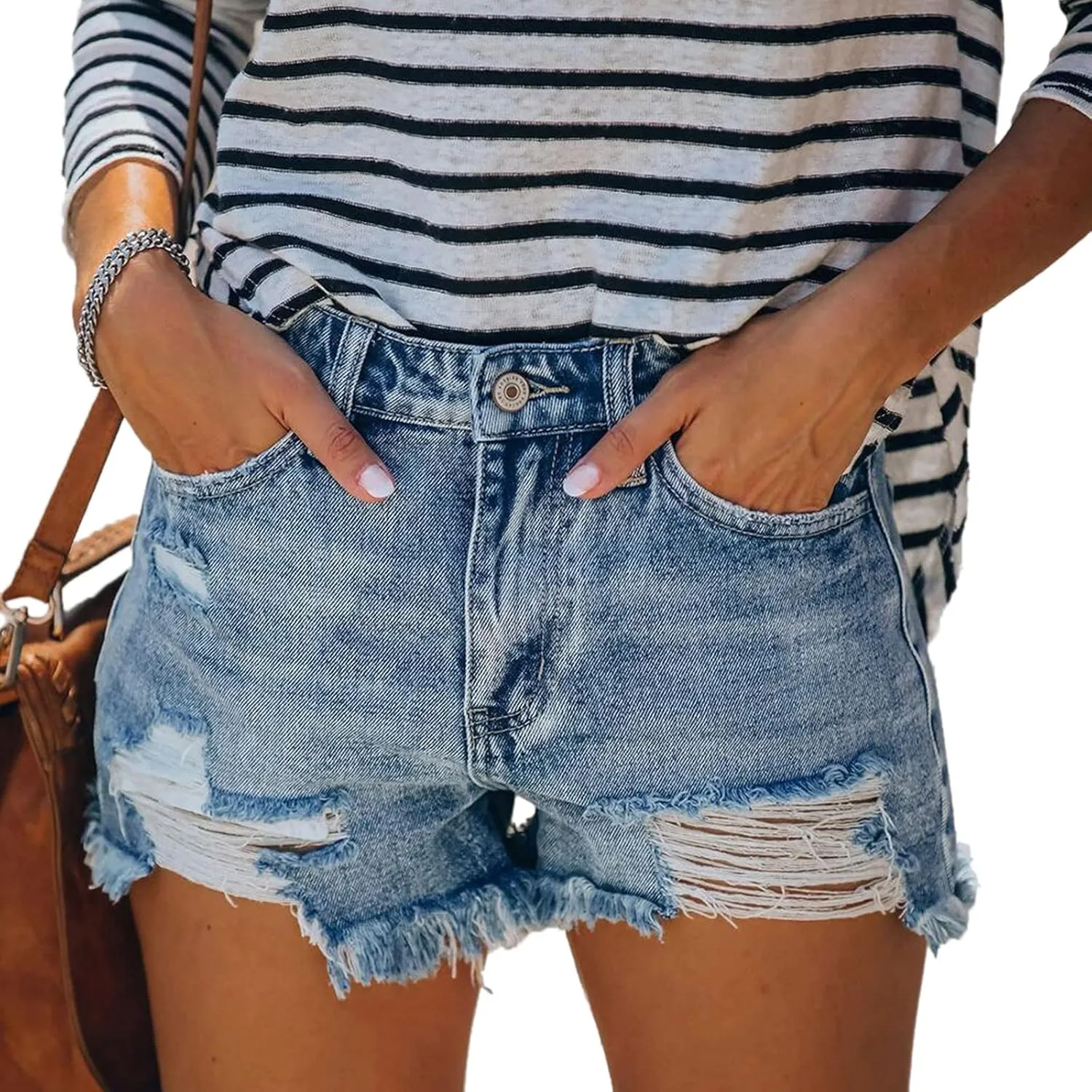 Blostirno Women's Casual Mid Rise Waisted Denim Shorts Raw Hem Ripped Stretchy Jean Short Pants with Pockets