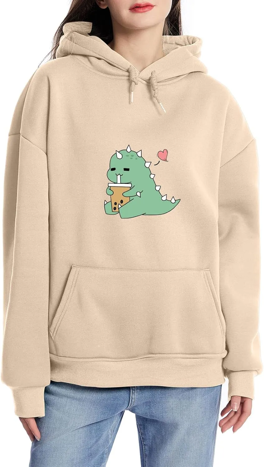 Bobeutou Cute Dinosaur Hoodie for Women Hooded Sweatshirt Long Sleeve Hoodies for Teen Girls Aesthetic Tops with Pocket