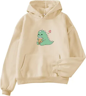 Bobeutou Cute Dinosaur Hoodie for Women Hooded Sweatshirt Long Sleeve Hoodies for Teen Girls Aesthetic Tops with Pocket