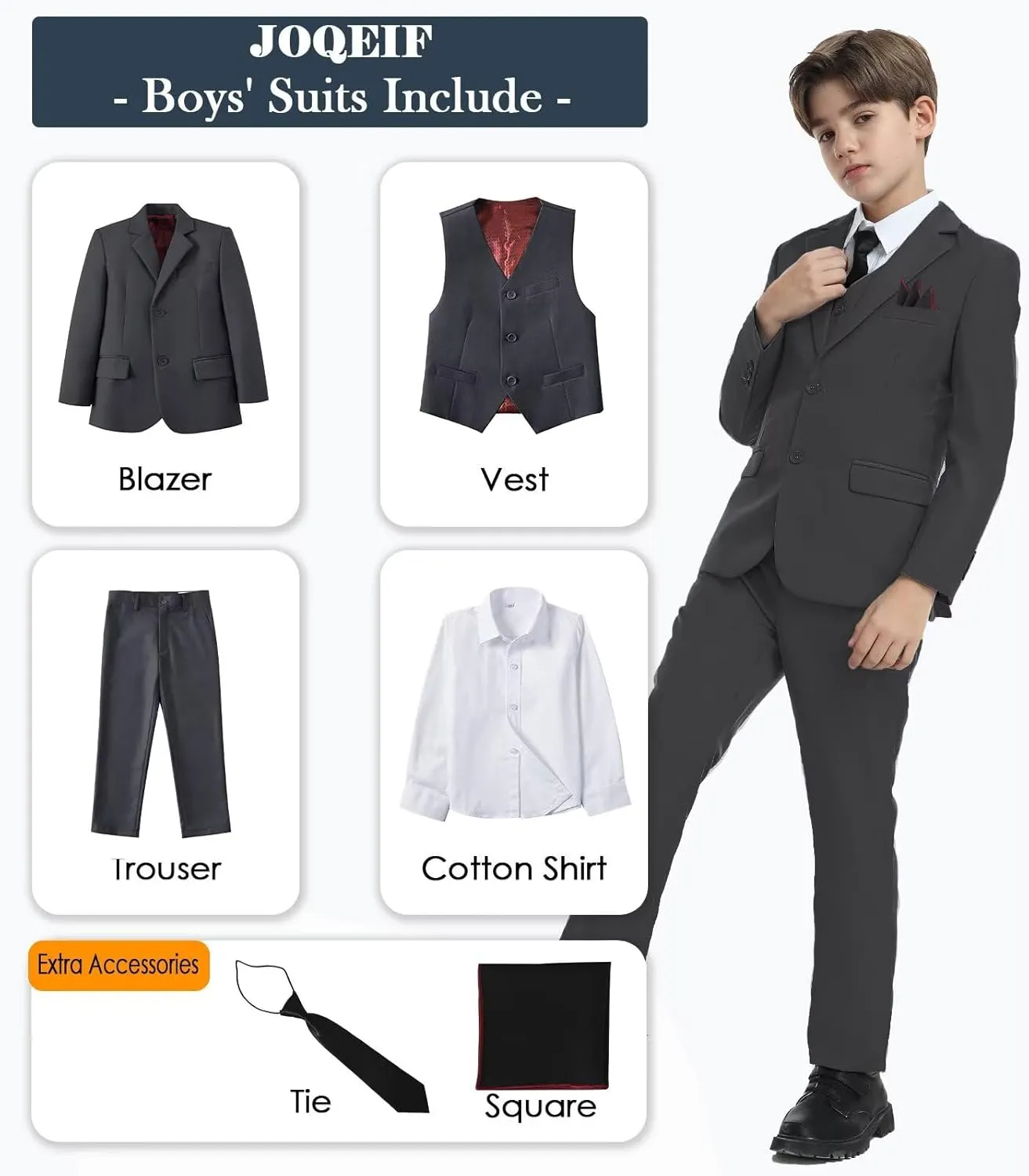 Boys Formal Suit Set with Dress Shirt Tie and Pocket Square, Adjustable Waist