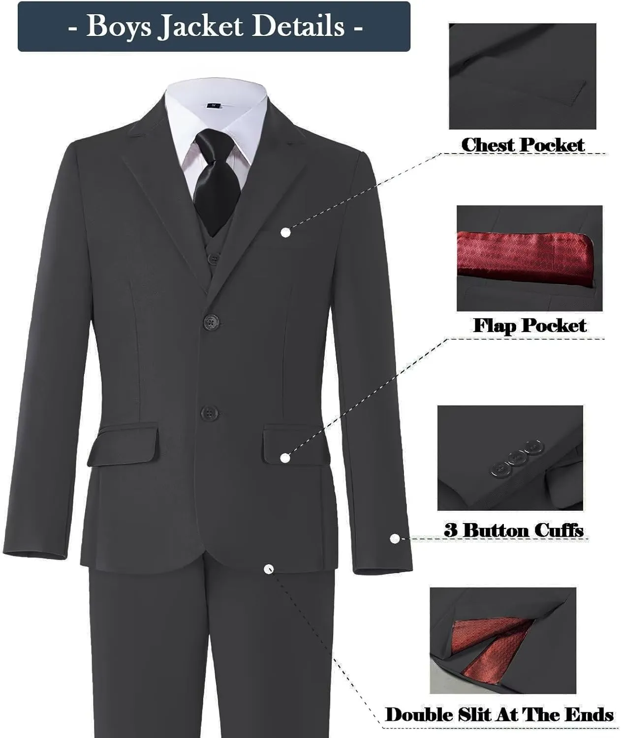 Boys Formal Suit Set with Dress Shirt Tie and Pocket Square, Adjustable Waist