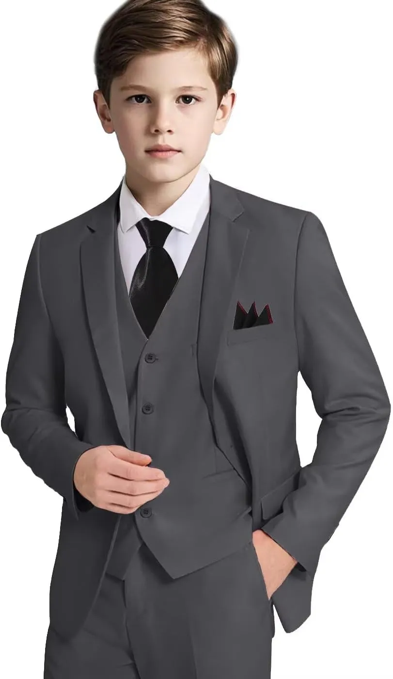 Boys Formal Suit Set with Dress Shirt Tie and Pocket Square, Adjustable Waist