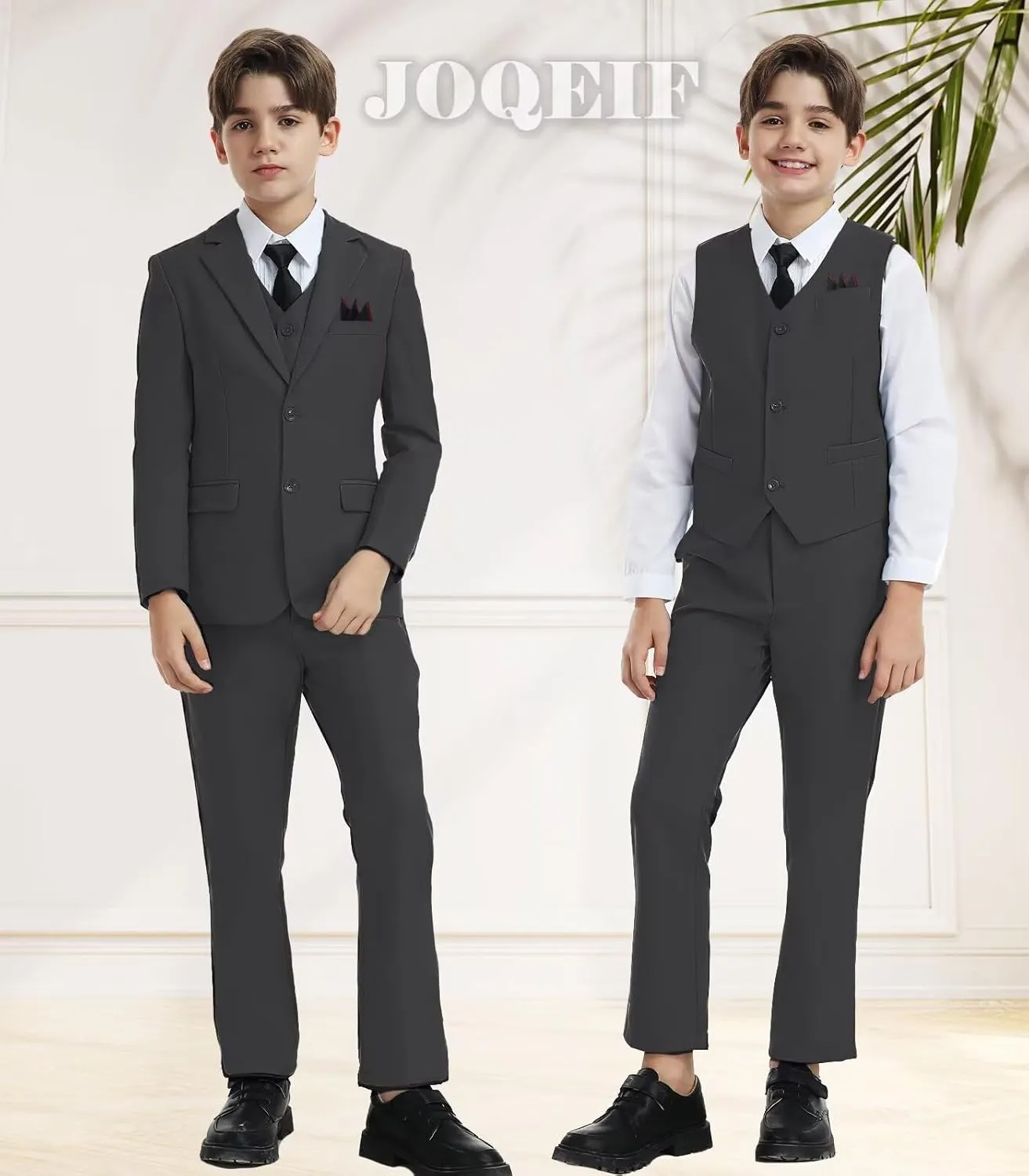 Boys Formal Suit Set with Dress Shirt Tie and Pocket Square, Adjustable Waist