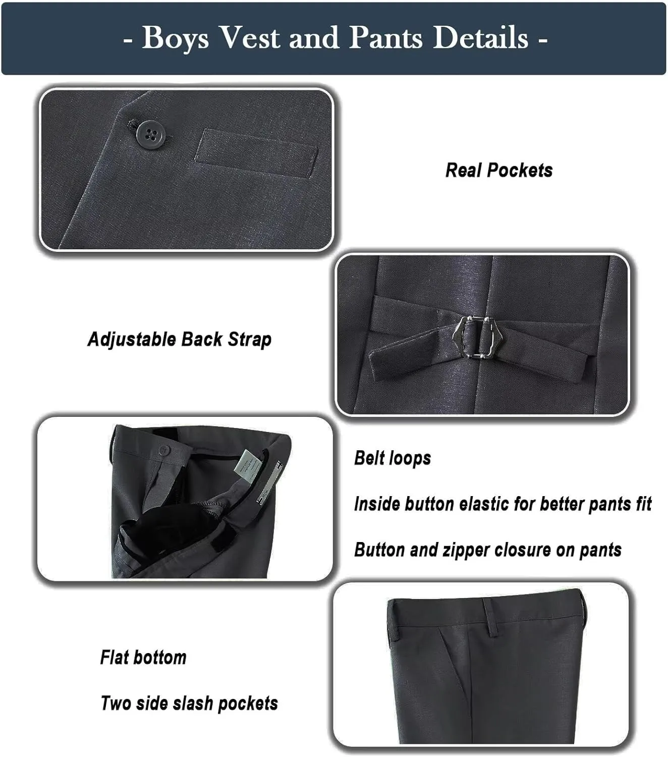 Boys Formal Suit Set with Dress Shirt Tie and Pocket Square, Adjustable Waist