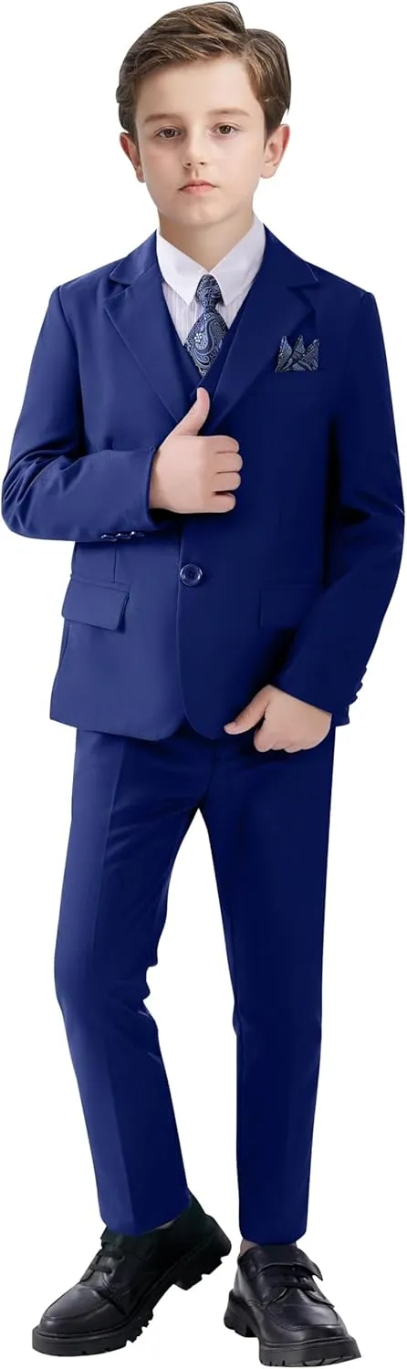 Boy's Suit Formal Slim Fit 5 Pieces Suit Set Blazer Vest Pants with Adjustable Waist Shirt with Tie