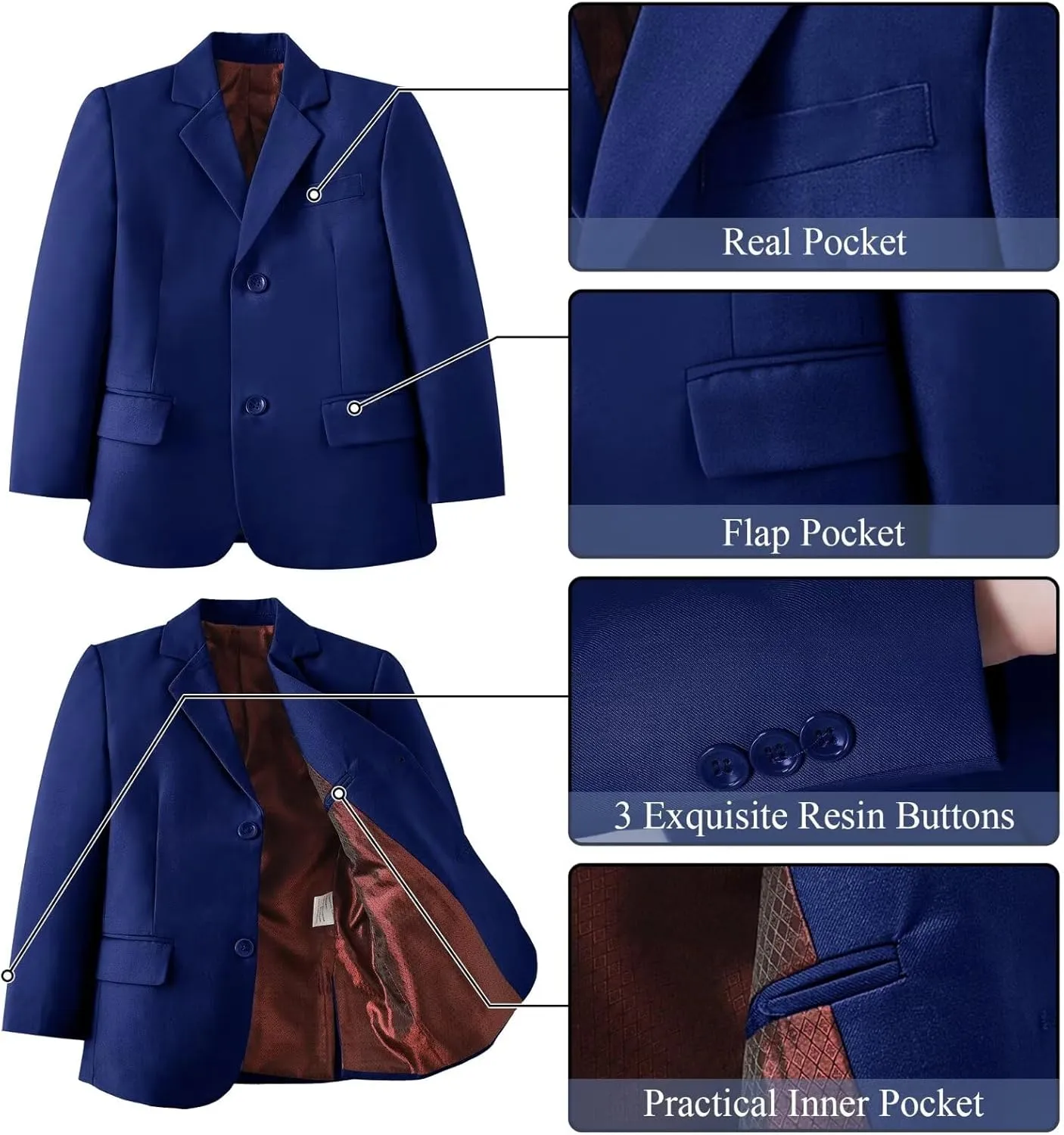Boy's Suit Formal Slim Fit 5 Pieces Suit Set Blazer Vest Pants with Adjustable Waist Shirt with Tie
