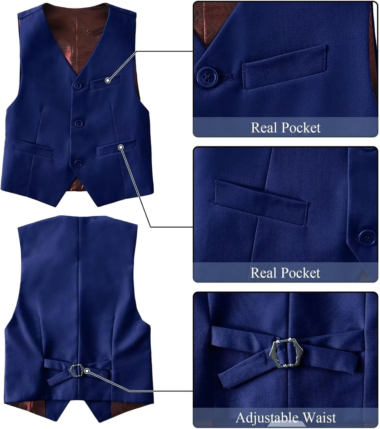 Boy's Suit Formal Slim Fit 5 Pieces Suit Set Blazer Vest Pants with Adjustable Waist Shirt with Tie