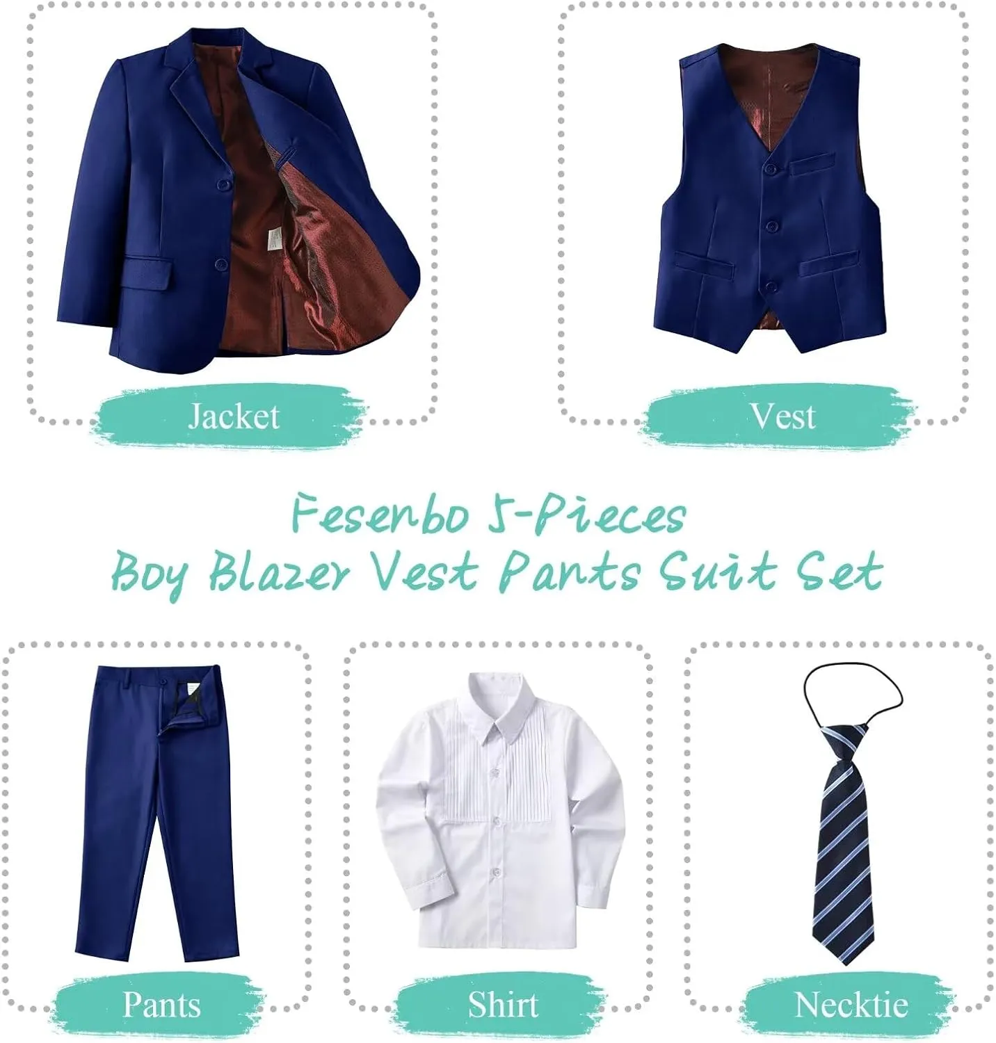 Boy's Suit Formal Slim Fit 5 Pieces Suit Set Blazer Vest Pants with Adjustable Waist Shirt with Tie