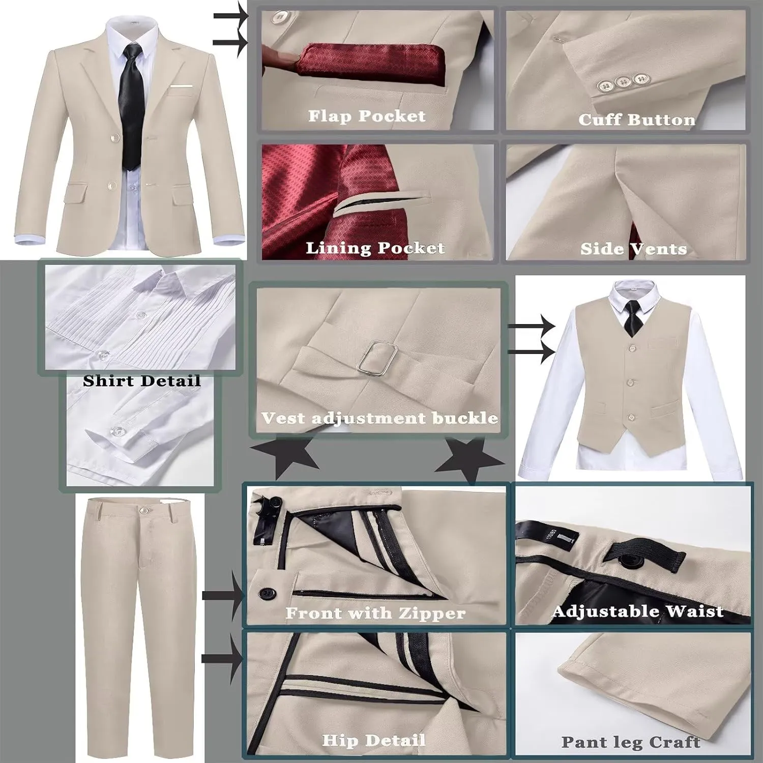 Boys Suit Set Slim Fit Kids Formal Suits Toddler Tuxedo Wedding Prom Classic Suits for Boy Teen Black Blue Dress Outfit