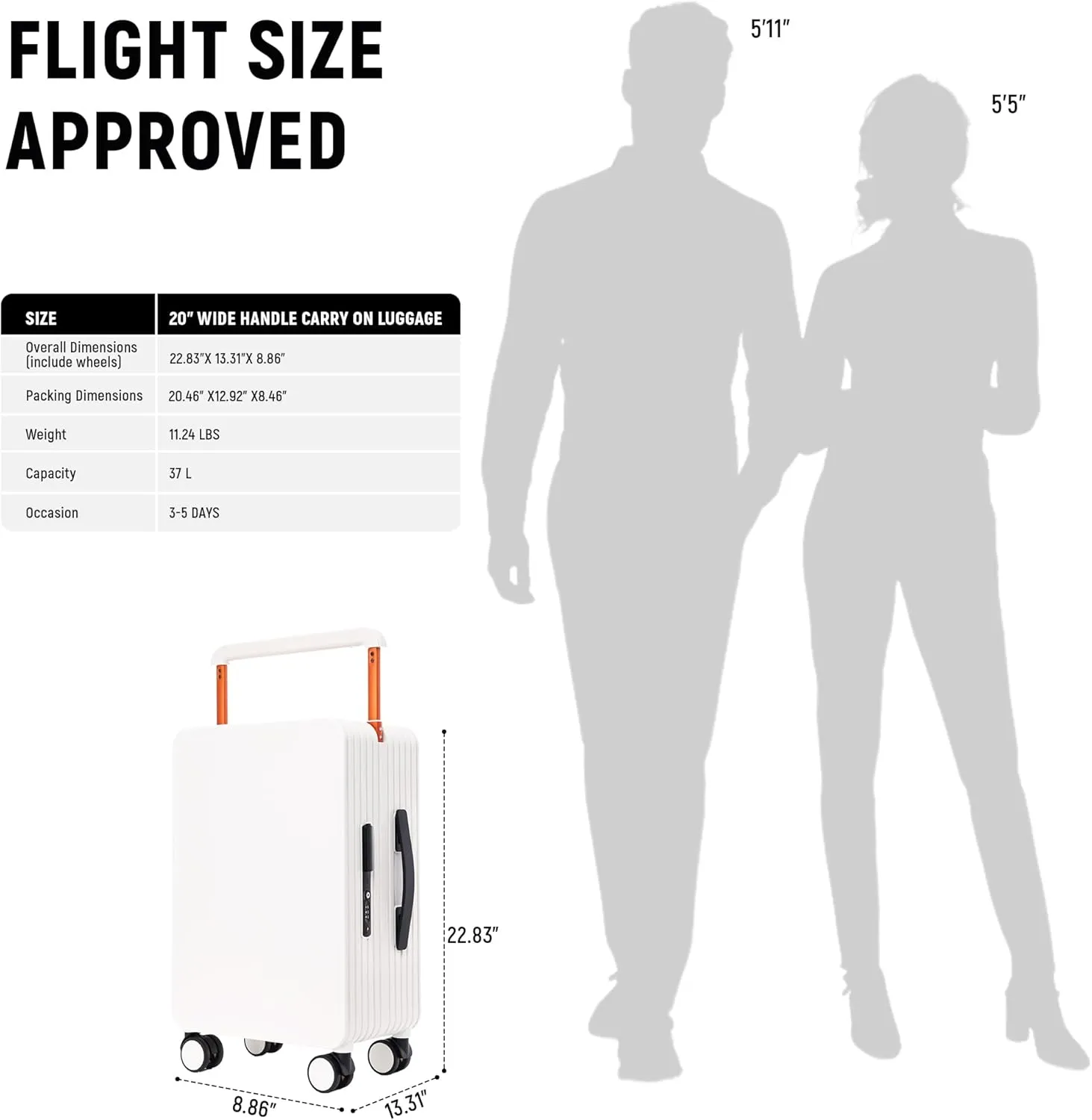 Carry On Luggage 20In Wide Handle PC Hardshell Suitcases with Spinner Wheels & TSA Lock Frameless Luggage Zipperless Luggage, White