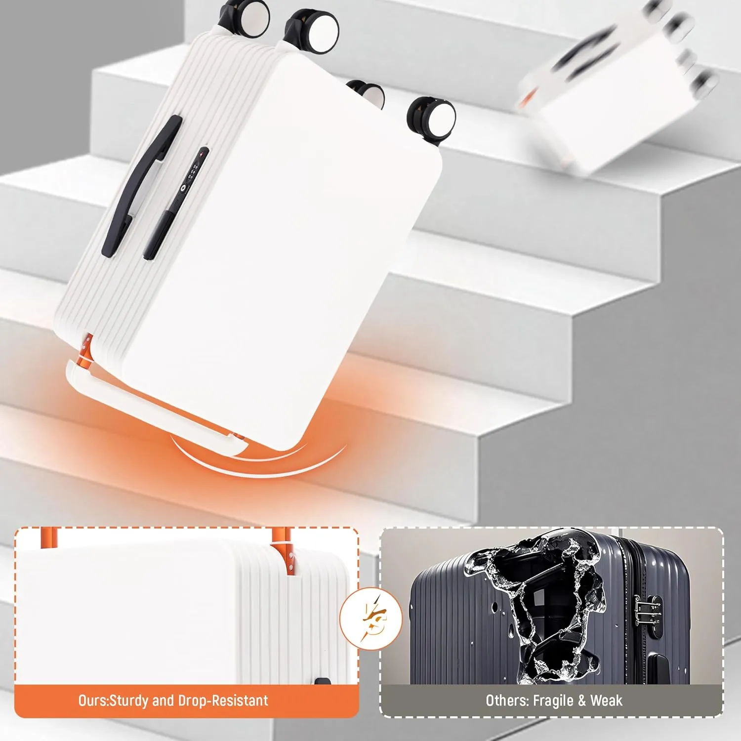 Carry On Luggage 20In Wide Handle PC Hardshell Suitcases with Spinner Wheels & TSA Lock Frameless Luggage Zipperless Luggage, White