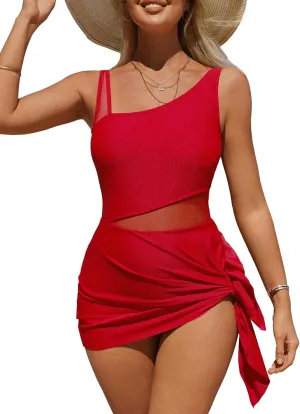 Charmo Womens One Piece Swimdress Swimsuit Side Tie Knot Swim Dresses Hollow Out Bathing Suit with Skirt Built-in Briefs