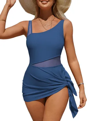 Charmo Womens One Piece Swimdress Swimsuit Side Tie Knot Swim Dresses Hollow Out Bathing Suit with Skirt Built-in Briefs