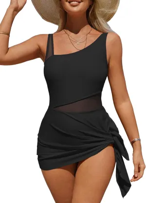 Charmo Womens One Piece Swimdress Swimsuit Side Tie Knot Swim Dresses Hollow Out Bathing Suit with Skirt Built-in Briefs