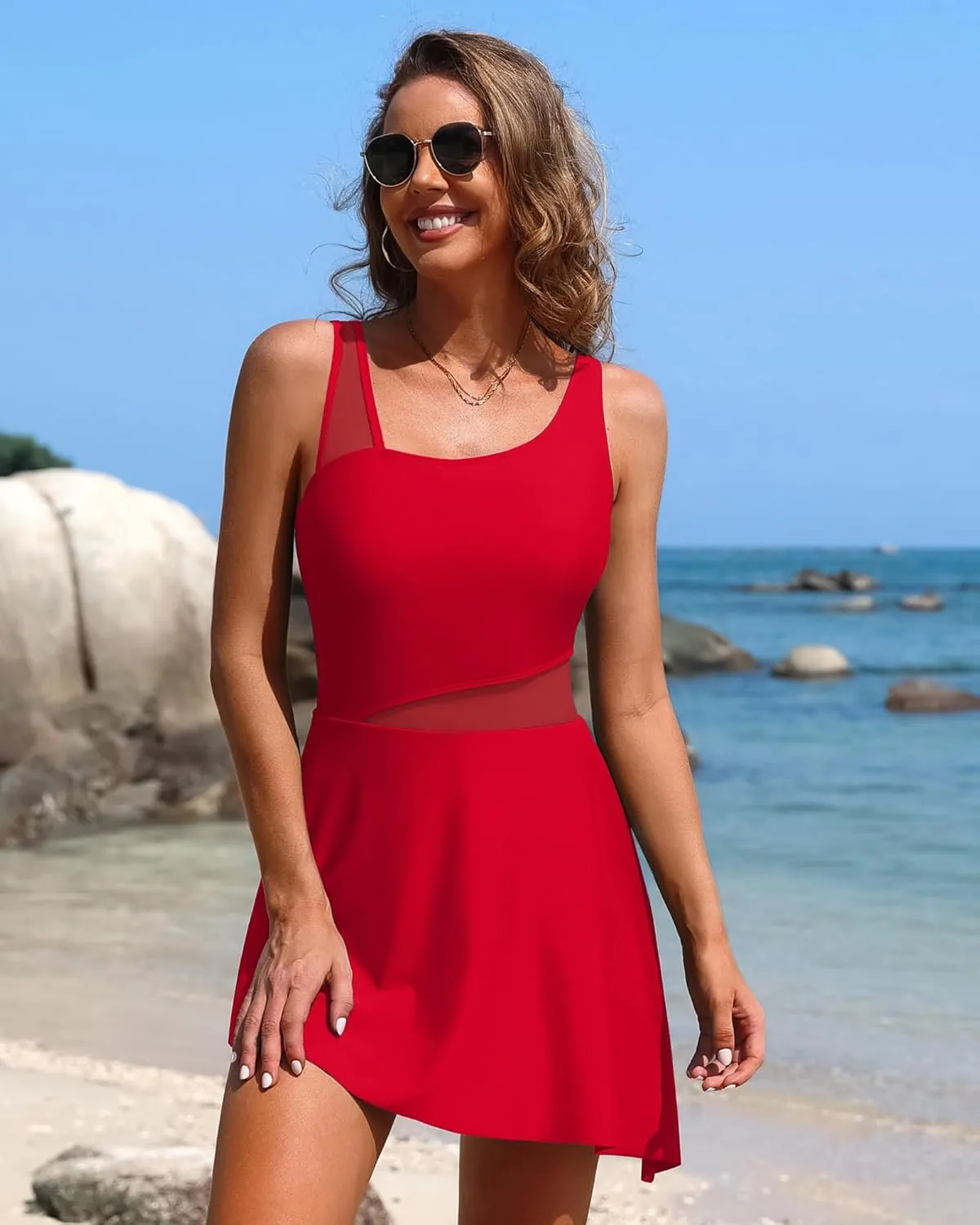 Charmo Womens One Piece Swimdress Swimsuit Side Tie Knot Swim Dresses Hollow Out Bathing Suit with Skirt Built-in Briefs