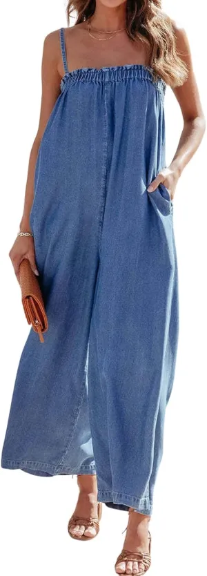 CHARTOU Women Summer Denim Jumpsuit Wide Leg Overall Spaghetti Strap Sleeveless Jean Jumpsuit Long Romper with Pocket