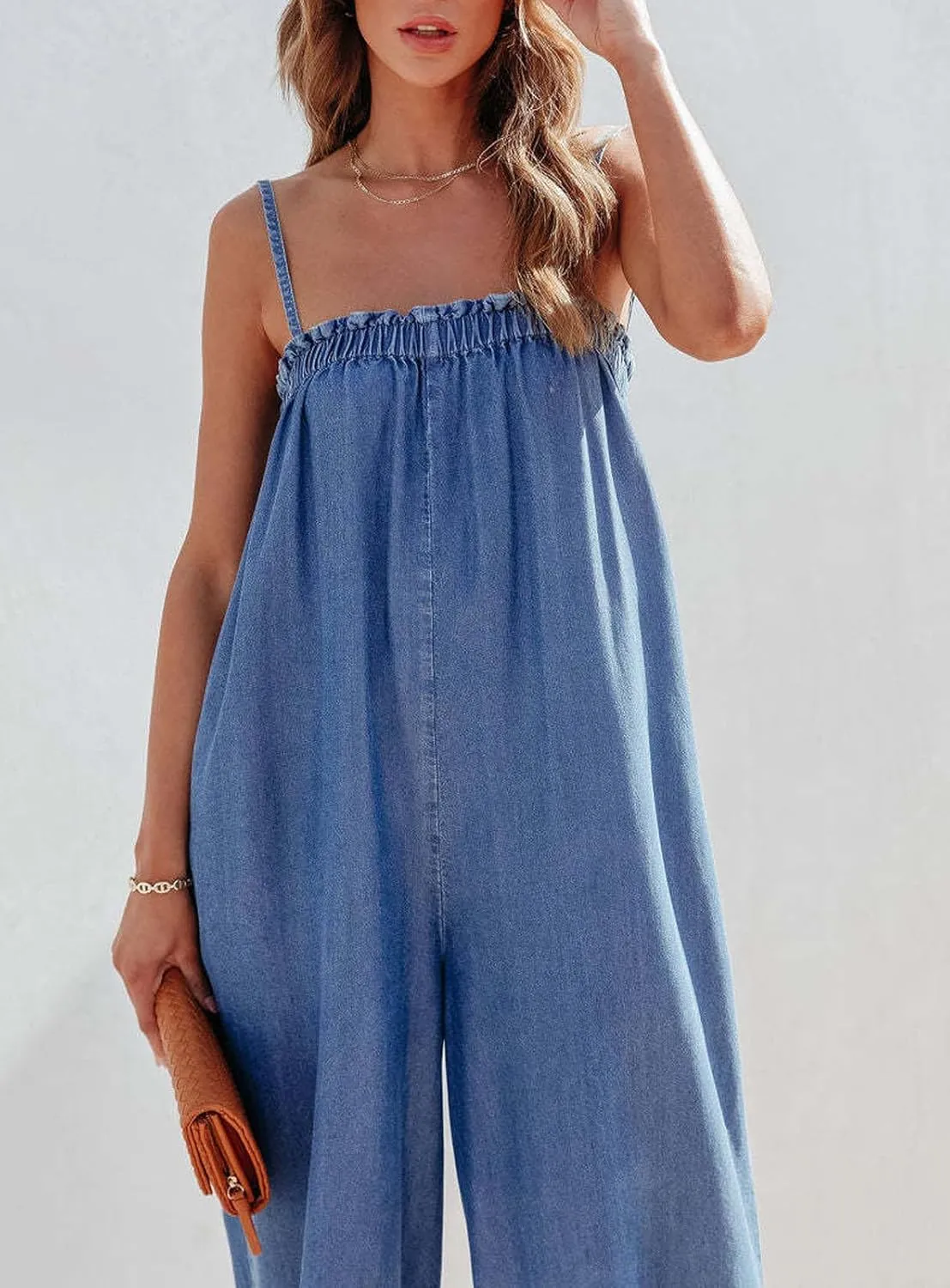 CHARTOU Women Summer Denim Jumpsuit Wide Leg Overall Spaghetti Strap Sleeveless Jean Jumpsuit Long Romper with Pocket