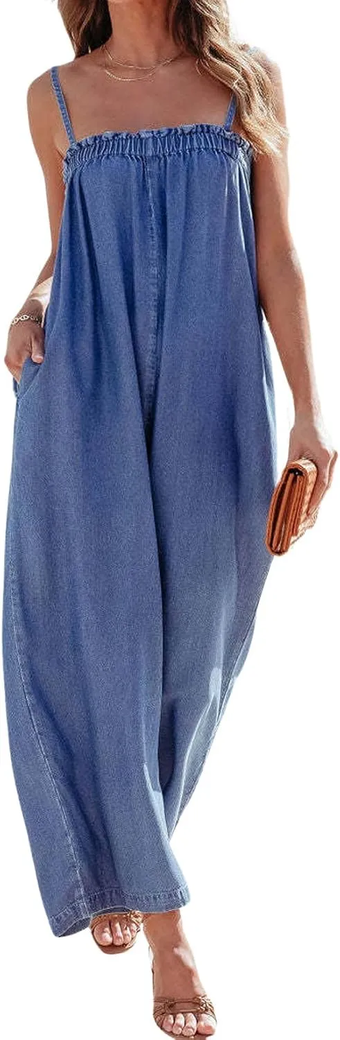 CHARTOU Women Summer Denim Jumpsuit Wide Leg Overall Spaghetti Strap Sleeveless Jean Jumpsuit Long Romper with Pocket