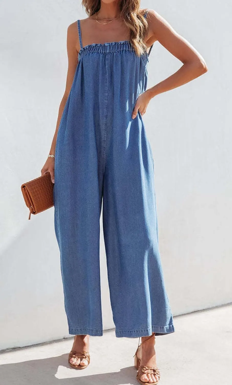 CHARTOU Women Summer Denim Jumpsuit Wide Leg Overall Spaghetti Strap Sleeveless Jean Jumpsuit Long Romper with Pocket