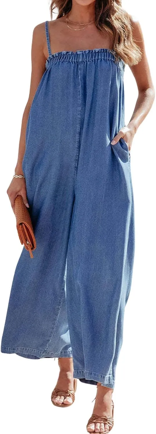 CHARTOU Women Summer Denim Jumpsuit Wide Leg Overall Spaghetti Strap Sleeveless Jean Jumpsuit Long Romper with Pocket