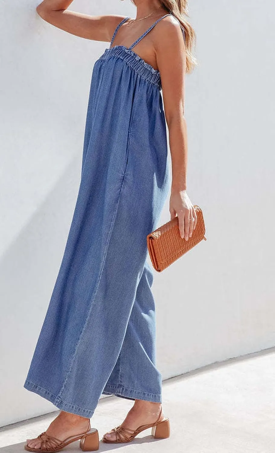 CHARTOU Women Summer Denim Jumpsuit Wide Leg Overall Spaghetti Strap Sleeveless Jean Jumpsuit Long Romper with Pocket