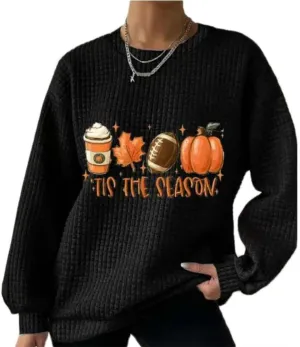Chvity Women's Fashion Loose Casual Tis The Season Pumpkin Printed Sweatershirt Lightweight Blouse Waffle Hoodies Long Sleeve