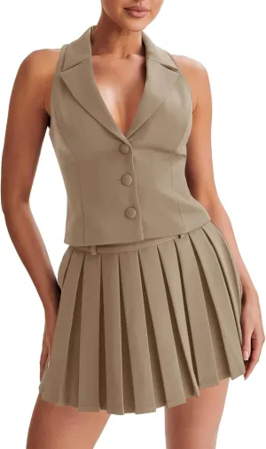 Cicy Bell Womens Summer 2 Piece Outfits V Neck Blazer Vest Matching Sets and Mini Pleated Skirts