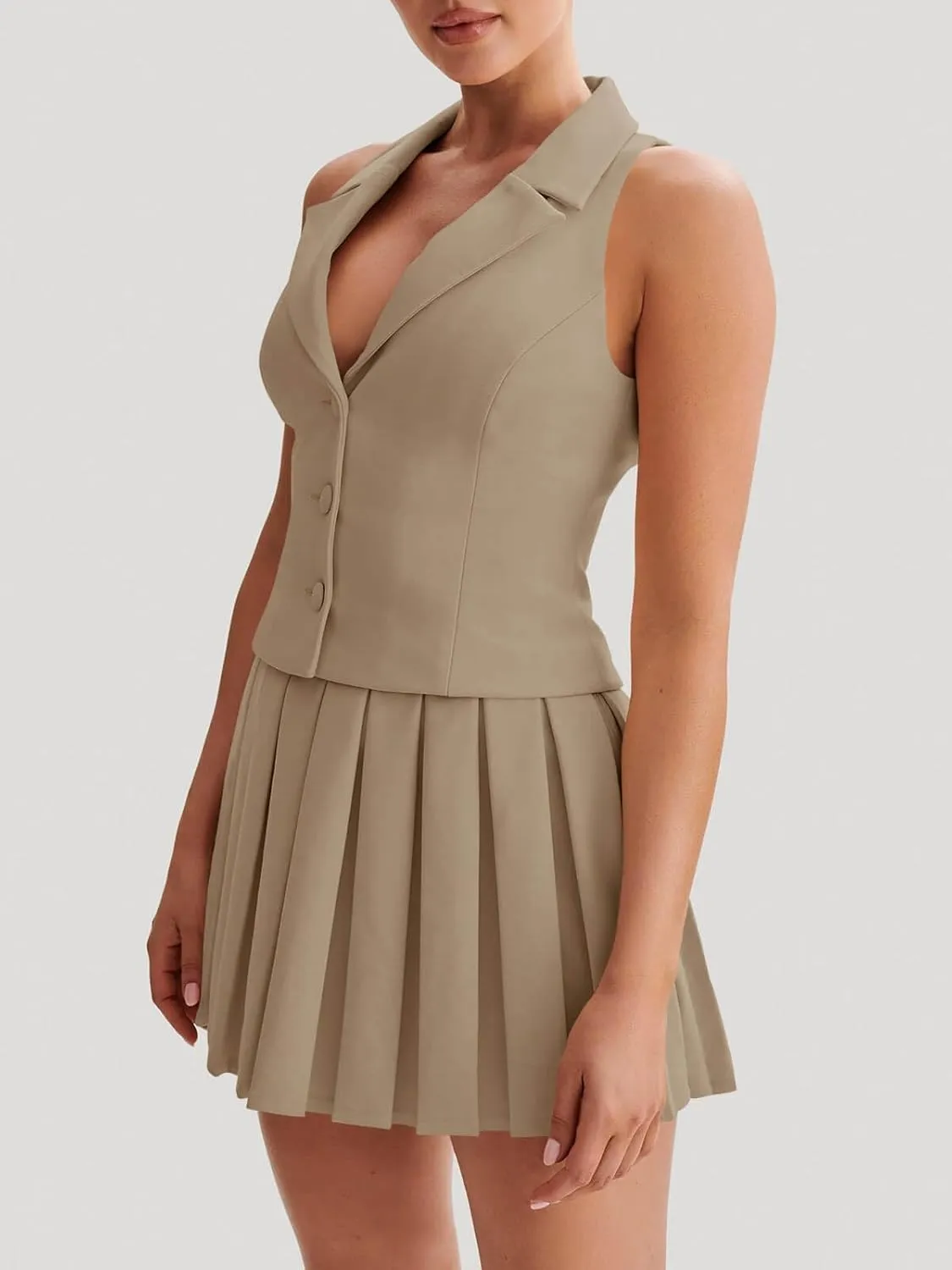 Cicy Bell Womens Summer 2 Piece Outfits V Neck Blazer Vest Matching Sets and Mini Pleated Skirts