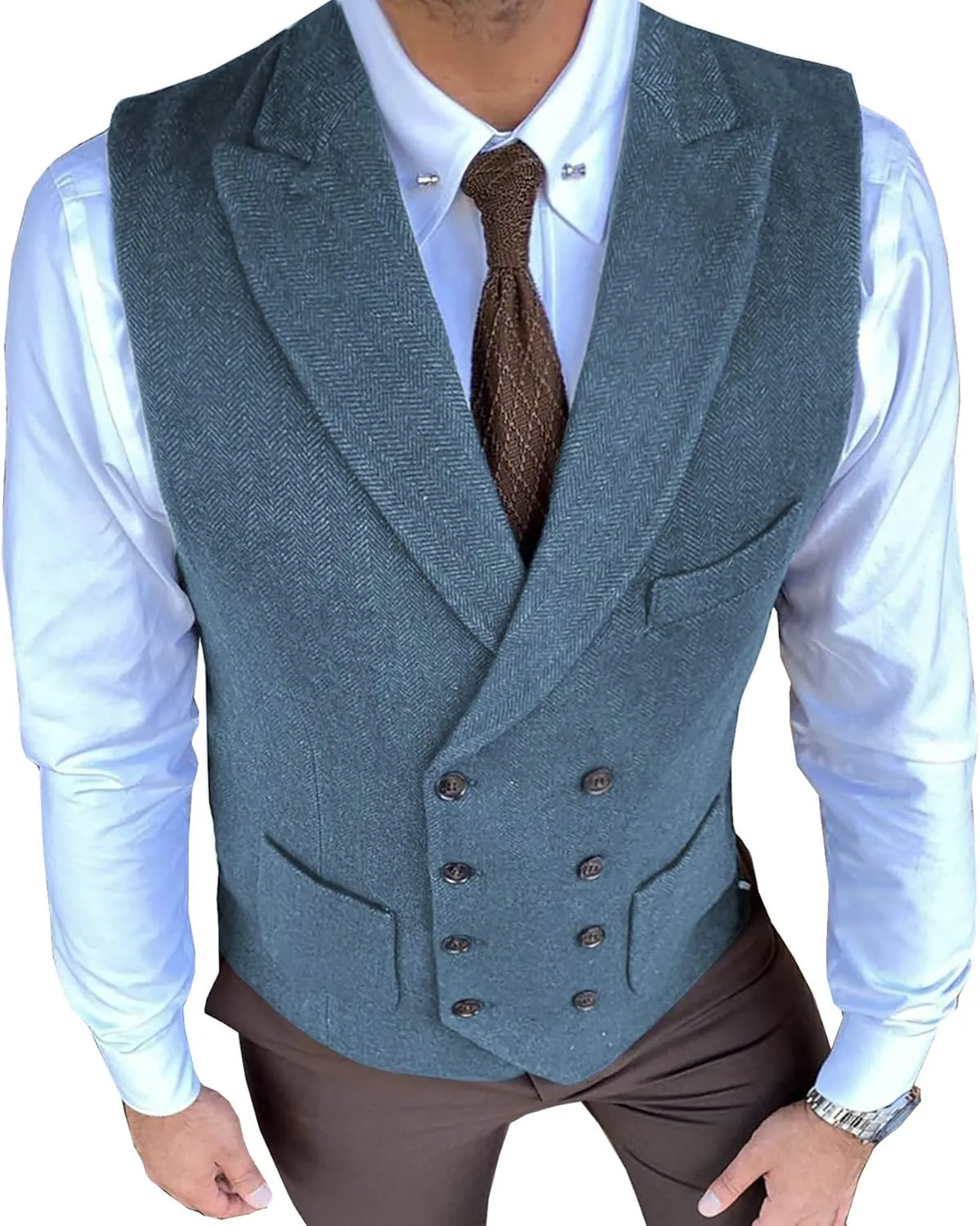 Classic Men's Waistcoat Slim Fit Tweed Wool Herringbone V Neck Double Breasted Formal Vest for Wedding Groomsmen