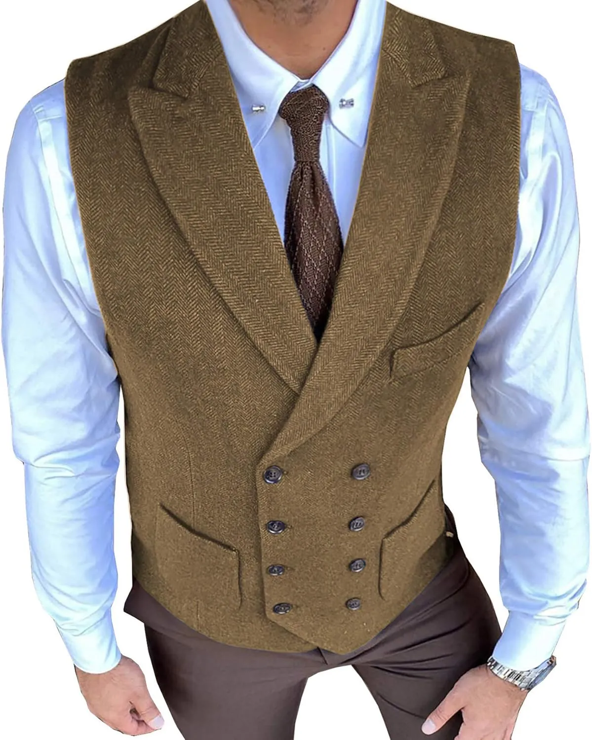 Classic Men's Waistcoat Slim Fit Tweed Wool Herringbone V Neck Double Breasted Formal Vest for Wedding Groomsmen