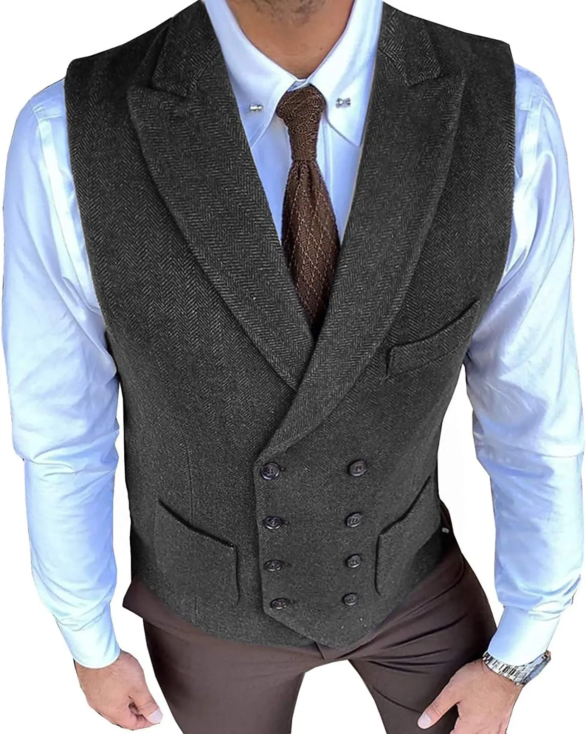 Classic Men's Waistcoat Slim Fit Tweed Wool Herringbone V Neck Double Breasted Formal Vest for Wedding Groomsmen