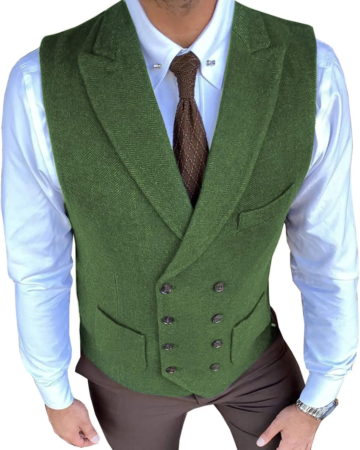 Classic Men's Waistcoat Slim Fit Tweed Wool Herringbone V Neck Double Breasted Formal Vest for Wedding Groomsmen