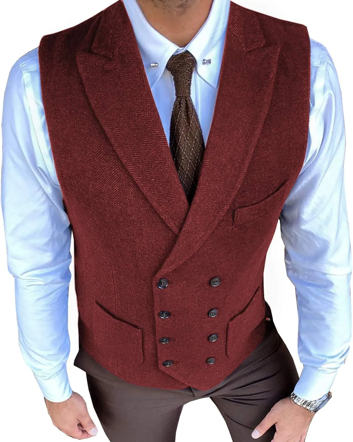 Classic Men's Waistcoat Slim Fit Tweed Wool Herringbone V Neck Double Breasted Formal Vest for Wedding Groomsmen