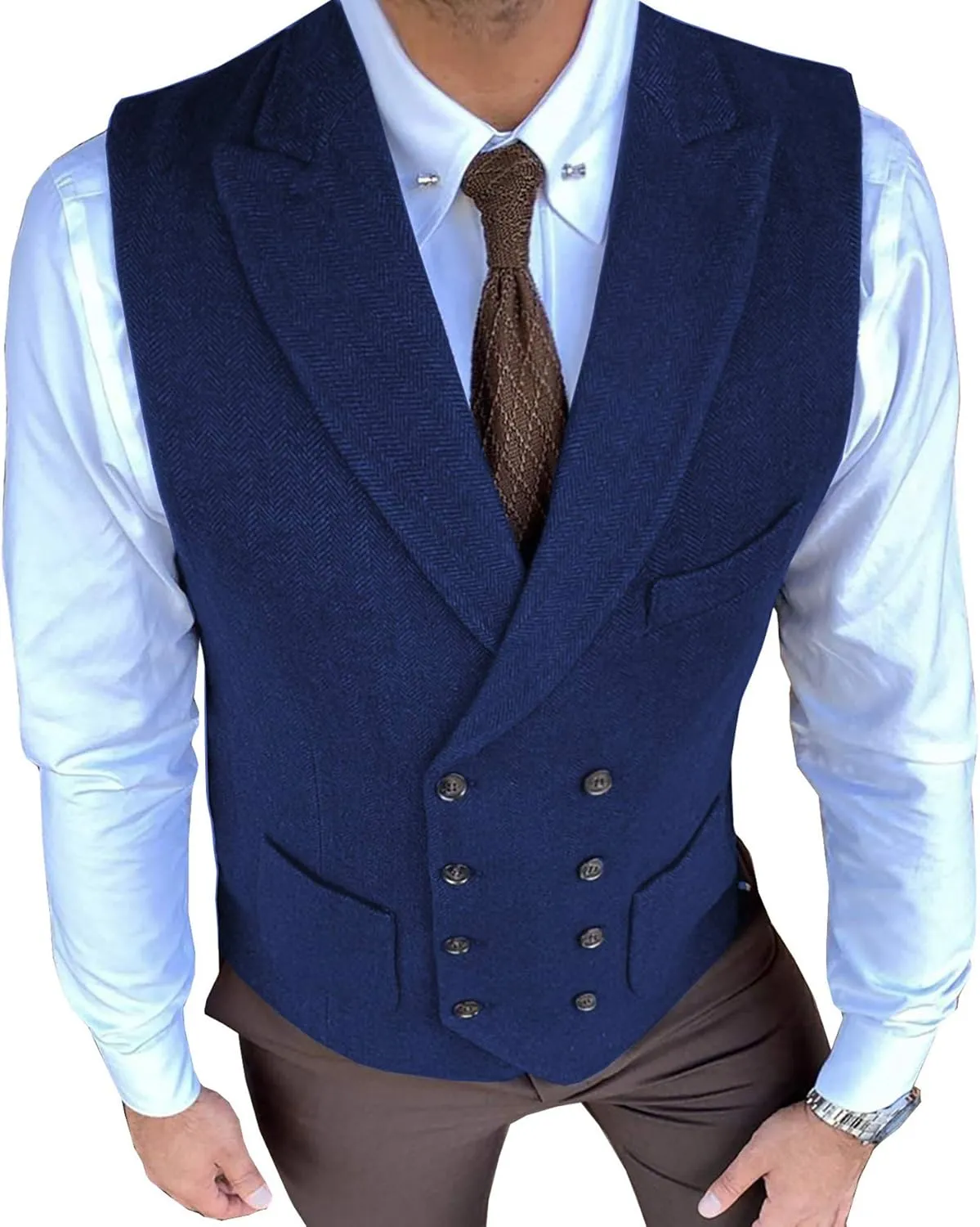 Classic Men's Waistcoat Slim Fit Tweed Wool Herringbone V Neck Double Breasted Formal Vest for Wedding Groomsmen