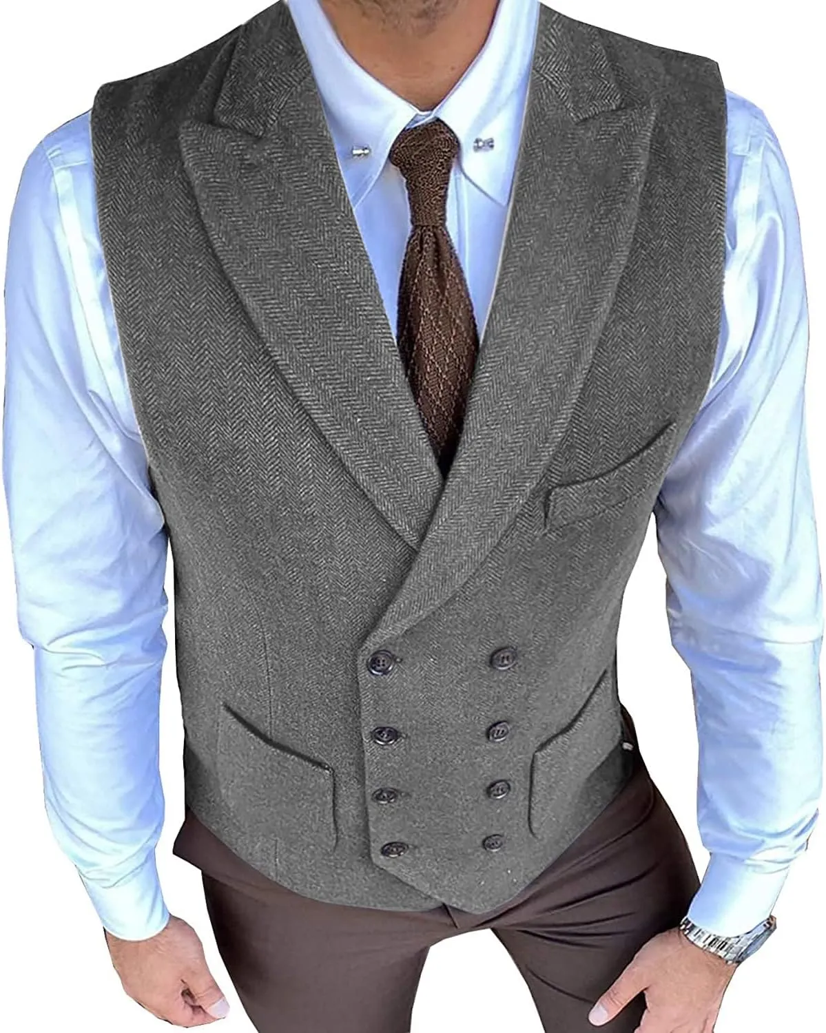 Classic Men's Waistcoat Slim Fit Tweed Wool Herringbone V Neck Double Breasted Formal Vest for Wedding Groomsmen