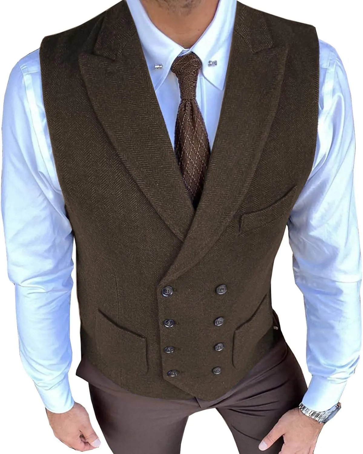 Classic Men's Waistcoat Slim Fit Tweed Wool Herringbone V Neck Double Breasted Formal Vest for Wedding Groomsmen