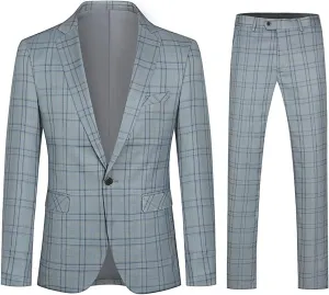 Cloudstyle Mens 2 PCS Plaid Suits Slim Formal Suit Checkered Blazer Jacket Pants
