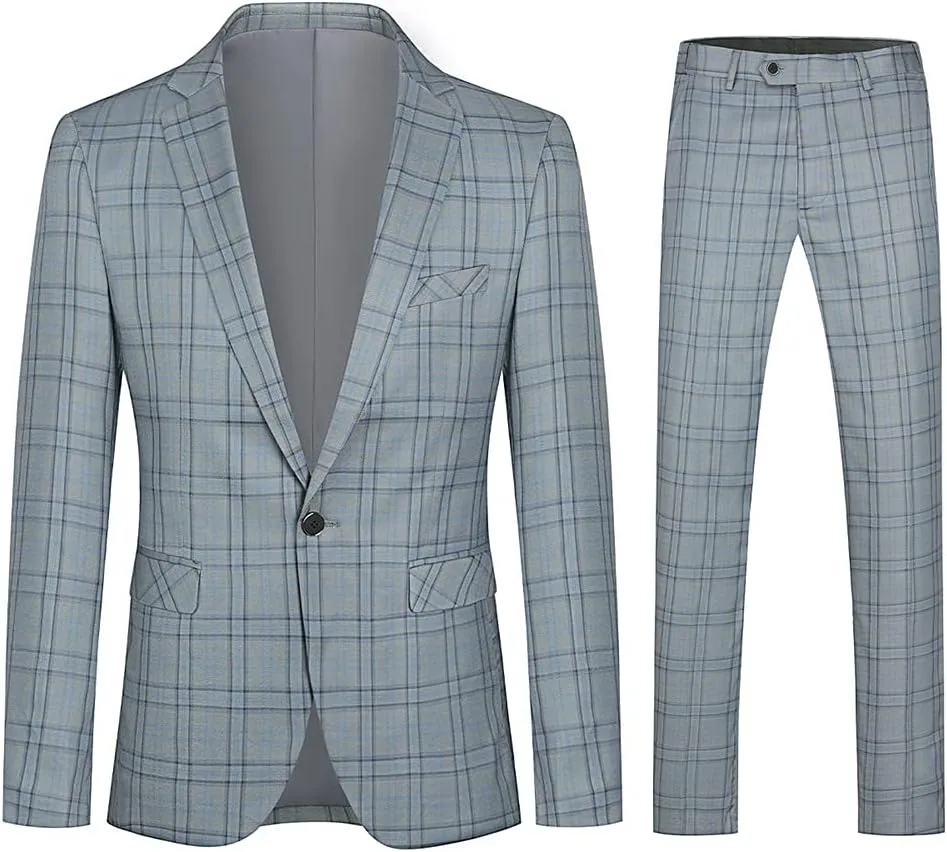 Cloudstyle Mens 2 PCS Plaid Suits Slim Formal Suit Checkered Blazer Jacket Pants